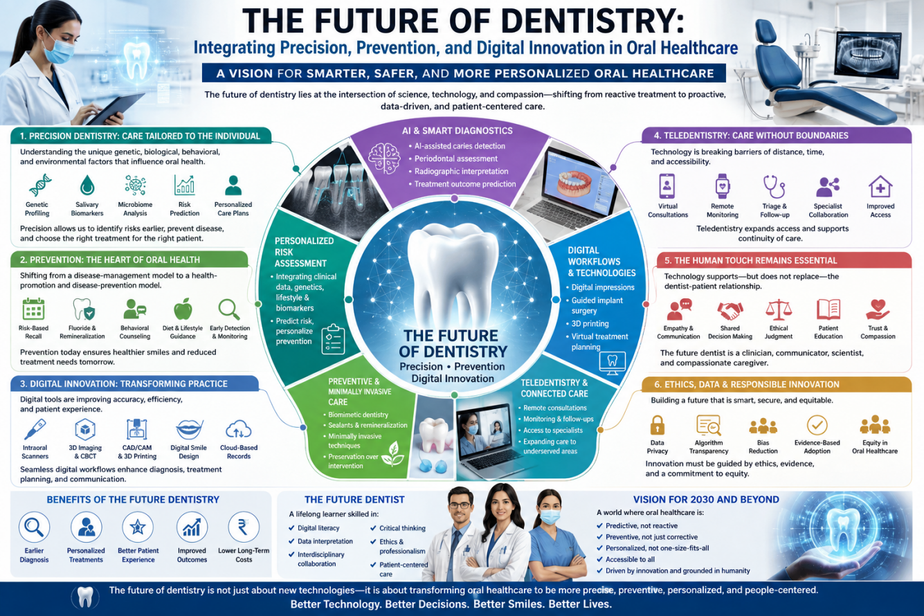 Figure 1: Future of Dentistry: Integrating Precision, Prevention, and Digital Innovation in Oral Healthcare . The figure illustrates an integrated vision for the evolution of modern dentistry to precision, prevention, and digitally supported care. It emphasizes on AI, custom risk assessment, digitization of processes, teledentistry, less invasive interventions and connected patient care. Ethical data use, professional judgment, patient education and equitable access to oral health care are also key aspects of the framework. The components show a progression from the old concept of treatment to a new concept of treatment, prediction, prevention, and personalized patient care.